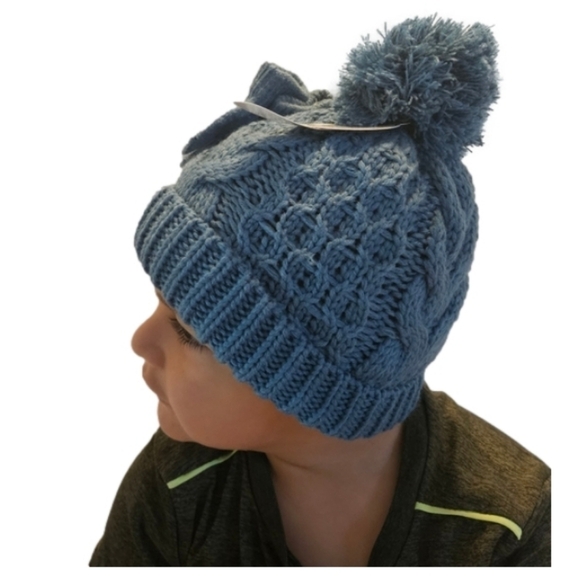 Toby & Me Infant Beanie and mittens set Blue crochet Blue pompom stretchable 7" - Picture 4 of 17